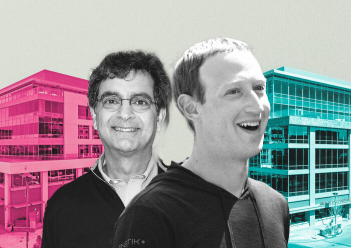 WeWork’s Sandeep Mathrani and Meta’s Mark Zuckerberg; 391 San Antonio Road, 401 San Antonio Road (Loopnet, Getty)