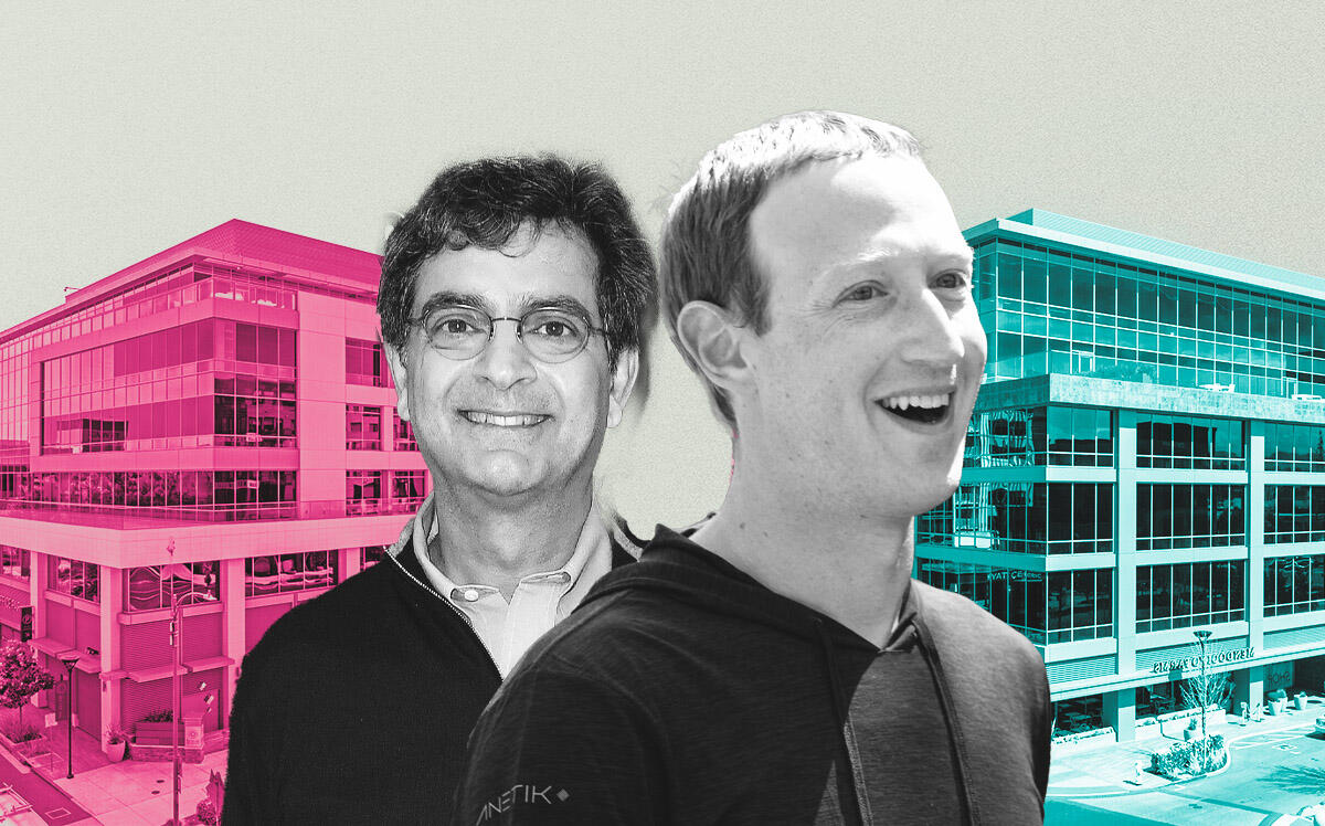 WeWork’s Sandeep Mathrani and Meta’s Mark Zuckerberg; 391 San Antonio Road, 401 San Antonio Road (Loopnet, Getty)