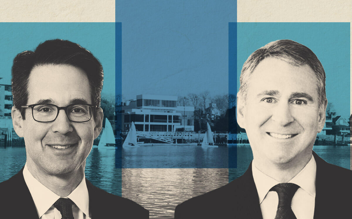 Blue Owl Capital's Doug Ostrover, Citadel's Ken Griffin, and 646 Steamboat Road in Greenwich CT (Loopnet, Getty, Blue Owl Capital, Citadel)