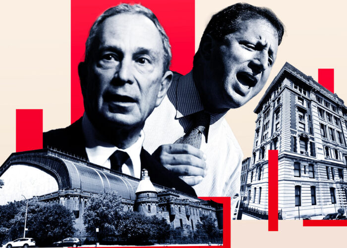 Mayor Michael Bloomberg with the empty Kingsbridge Armory in the Bronx and then-Council member Brad Lander with the former Long Island College Hospital (Getty, Google Maps; Illustration by Kevin Rebong for The Real Deal)
