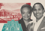 Mayor Lori Lightfoot and McLaurin's Zeb McLaurin with rendering of Englewood Connect and Engine Co. 84 firehouse (City of Chicago, McLaurin Development Partners, Google Maps)