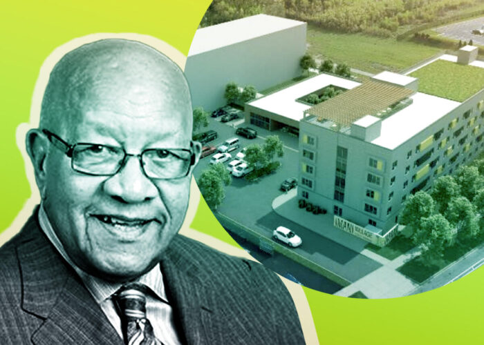Imani Village's James Montgomery and a rendering of the Imani Senior Village project (The Loretto Hospital, rendering via Johnson and Lee Architects)