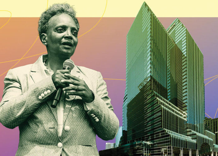Chicago mayor Lori Lightfoot and Accenture Tower (Photo-illustration by Kevin Rebong/The Real Deal)