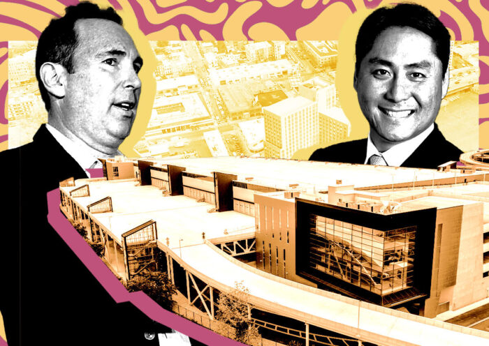 From left: Amazon’s Andy Jassy and Innovo’s Andrew Chung along with a rendering of 2505 Bruckner Boulevard (Getty, Amazon, Innovo)