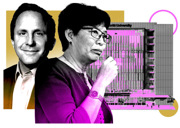 From left: Strada Investment's Jesse Blout and Samuel Merritt University's Dr. Ching-Hua Wang along with a rendering of 520 11th Street in Oakland (Getty, Strada Investment, Samuel Merritt University)