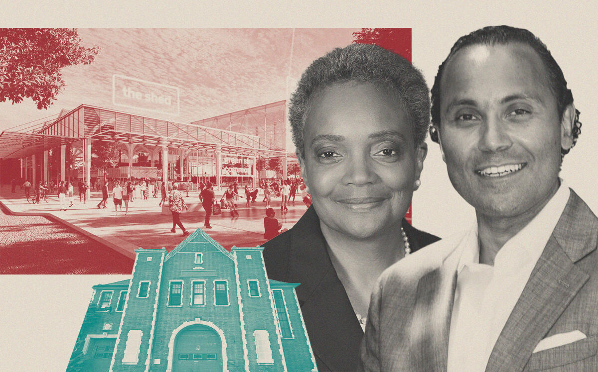 Mayor Lori Lightfoot and McLaurin's Zeb McLaurin with rendering of Englewood Connect and Engine Co. 84 firehouse (City of Chicago, McLaurin Development Partners, Google Maps)