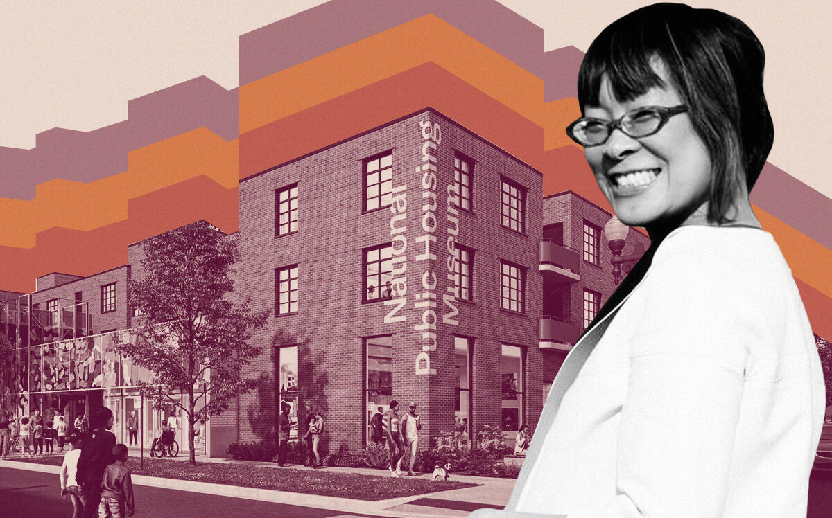 NPHM's Lisa Lee with rendering of National Public Housing Museum (National Public Housing Museum)