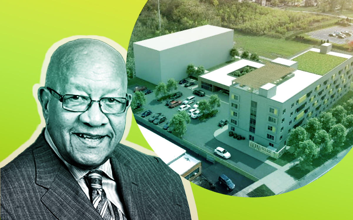 Imani Village's James Montgomery and a rendering of the Imani Senior Village project (The Loretto Hospital, rendering via Johnson and Lee Architects)