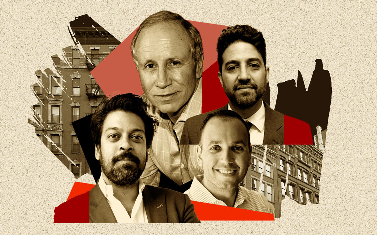 Clockwise from top left: Larry Gluck, Joseph Goldsmith, Ben Shaoul and Michael Shah (Getty, Gluck Family Foundation, Kucker Marino; Illustration by Kevin Rebong for The Real Deal)
