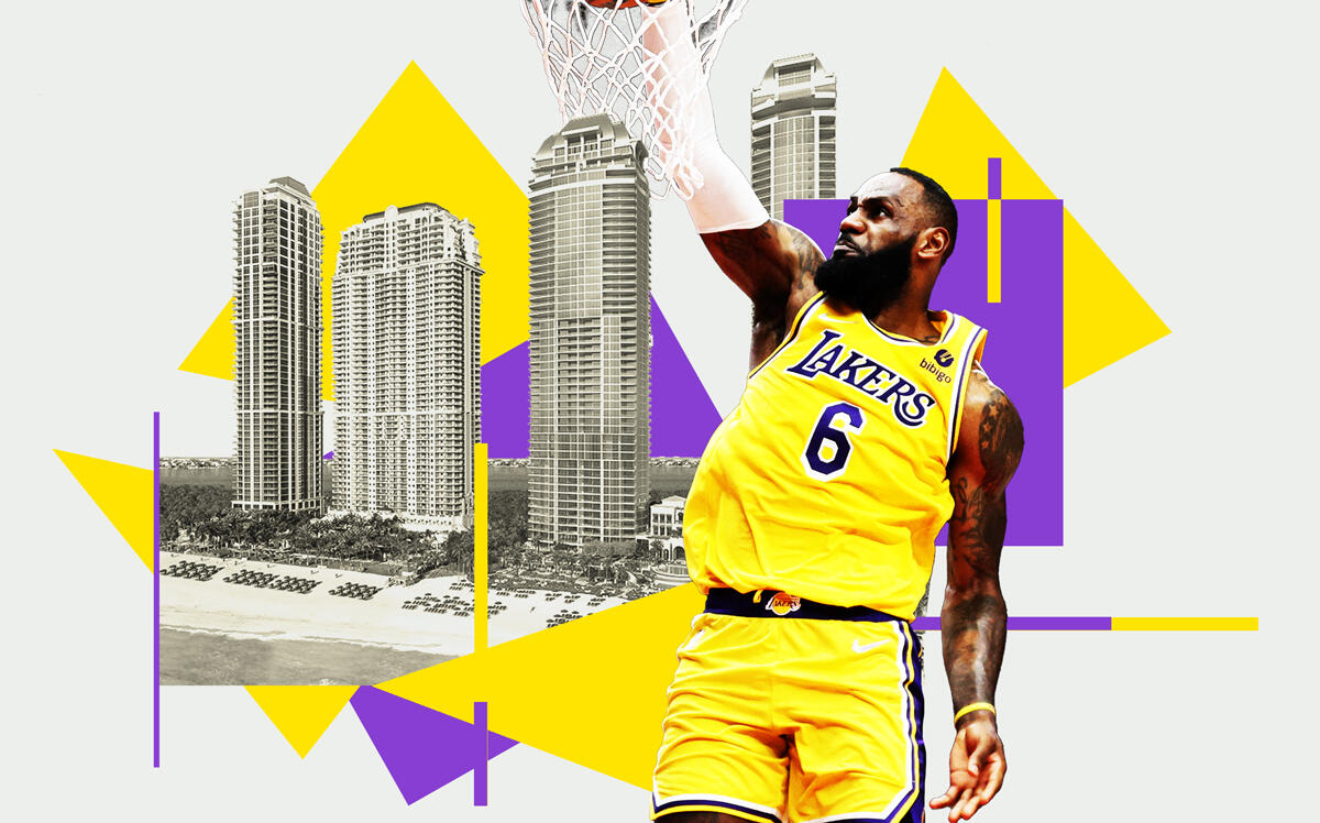 Photo illustration of LeBron James and the Estates at Acqualina (Illustration by Kevin Rebong for The Real Deal; Getty)