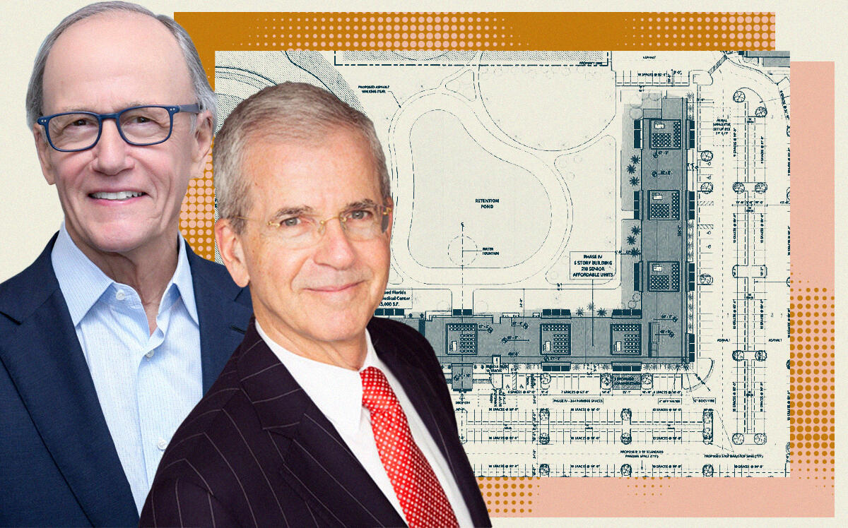 McDowell Properties' W. Patrick McDowell and Miami Jewish Health's Jeffrey Freimark with plans for 410 affordable apartments for seniors (McDowell Properties, Miami Jewish Health, Reprtwar)