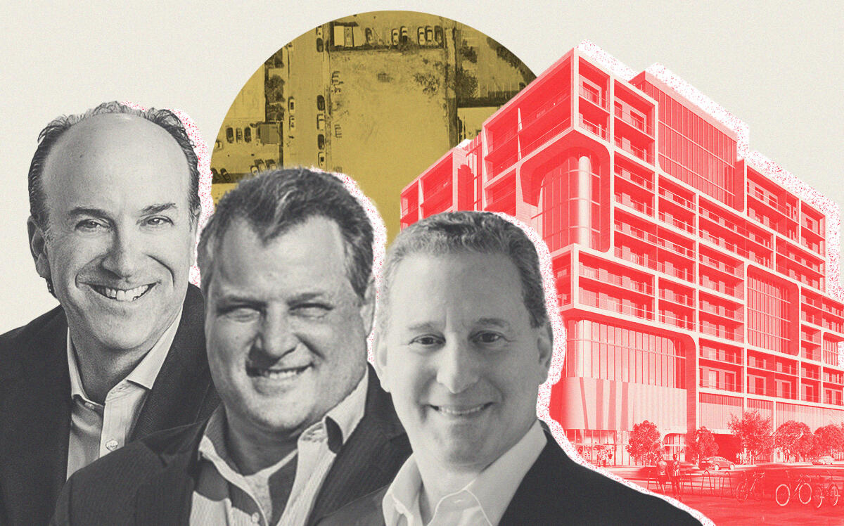 Alchemy’s Brian Ray, Joel BreitKopf and Kenneth Horn with 18 Northwest 23rd Street and rendering of planned mixed-use project (Alchemy-ABR, Google Maps)