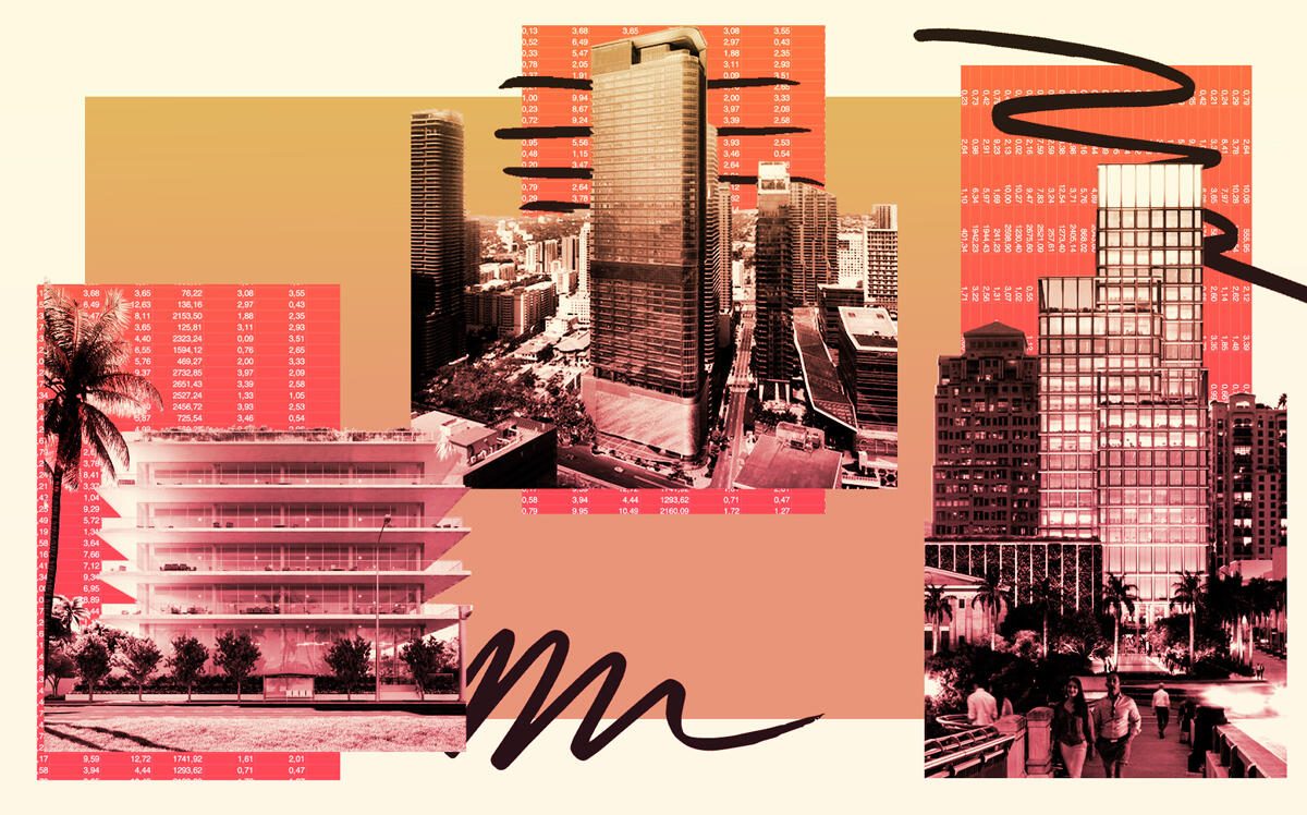From left: The Fifth Miami Beach at 944 Fifth Street, 830 Brickell at 830 Brickell Plaza in Miami and One Flagler at 154 Lakeview Avenue in West Palm Beach (Sumaida + Khurana, OKO Group, Related; Illustration by Kevin Rebong for The Real Deal)
