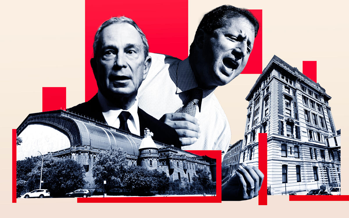 Mayor Michael Bloomberg with the empty Kingsbridge Armory in the Bronx and then-Council member Brad Lander with the former Long Island College Hospital (Getty, Google Maps; Illustration by Kevin Rebong for The Real Deal)