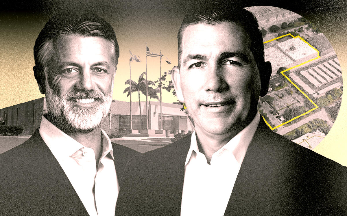 From left: Bridge Industrial’s Steve Poulos and Kevin Carroll along with 16175 Northwest 49th Avenue and 16175 Northwest 49th Avenue in Miami Gardens (Bridge Industrial, Getty)