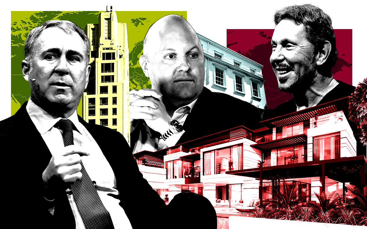 From left: Ken Griffin, Marc Andreessen, and Larry Ellison along with 220 Central Park South in New York City, 3 Carlton Gardens in London, and Casa Del Sole on The Palm Jumeirah in Dubai (Photo Illustration by Steven Dilakian with Getty Images, B1 Properties, No Swan So Fine, CC BY-SA 4.0 - via Wikimedia Commons, and Jim.henderson, CC BY-SA 4.0 - via Wikimedia Commons)