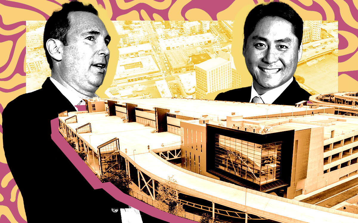 From left: Amazon’s Andy Jassy and Innovo’s Andrew Chung along with a rendering of 2505 Bruckner Boulevard (Getty, Amazon, Innovo)