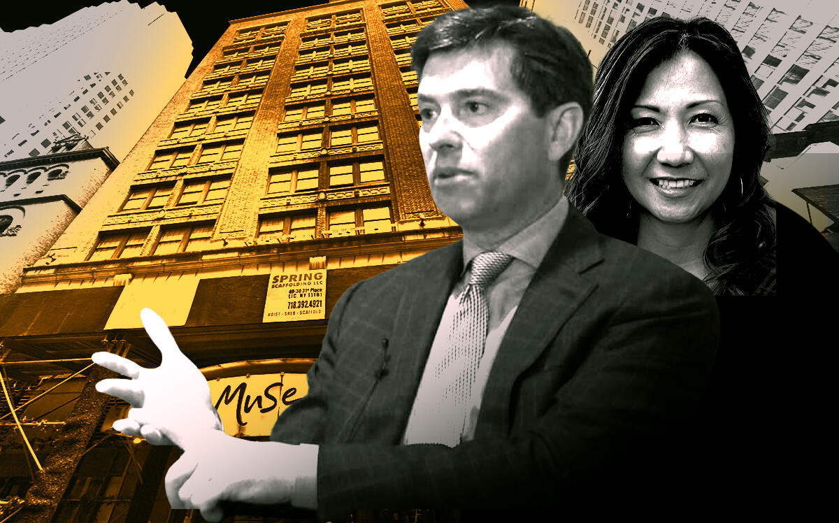 From left: Chartres Lodging co-founders Robert Kline and Maki Bara along with the Muse Hotel at 130 West 46th Street (Google Maps, Chartres Lodging)