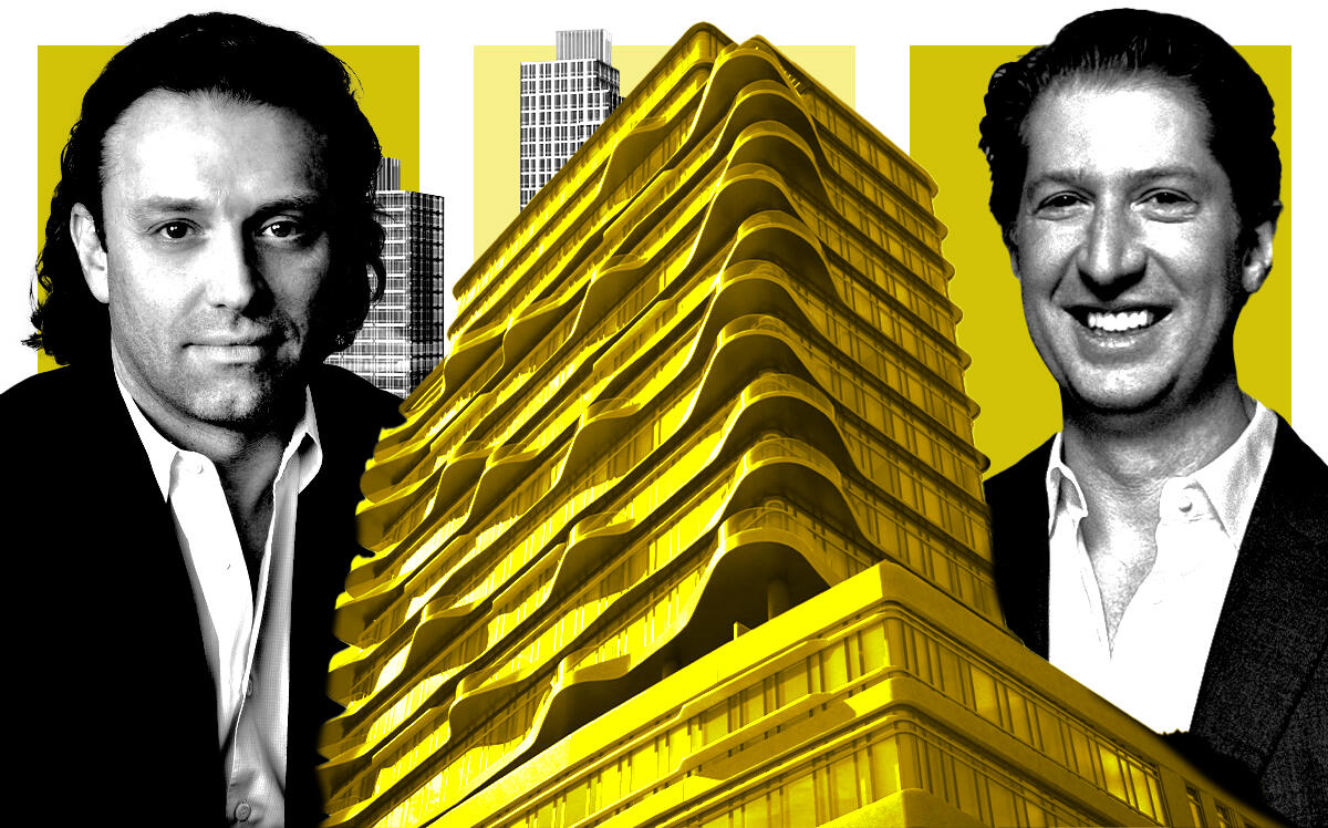 From left: Fortis Property’s Jonathan Landau, Madison Realty’s Brian Shatz, and renderings of One River Park and Two River Park in Cobble Hill (Madison Realty, Fortis Property Group, River Park Brooklyn)