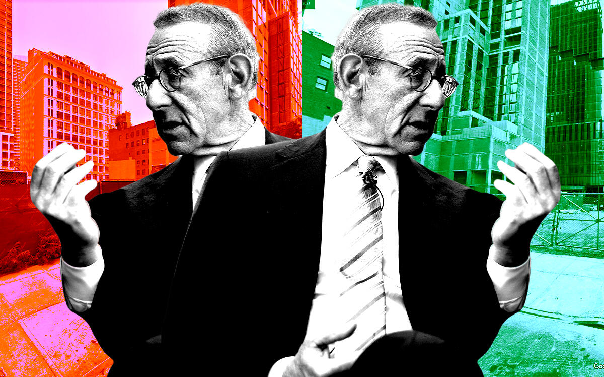 A photo illustration of Related Companies' Stephen Ross along with 514 West 36th Street (left) and 517 West 35th Street (right) in Hudson Yards (Getty, Google Maps)