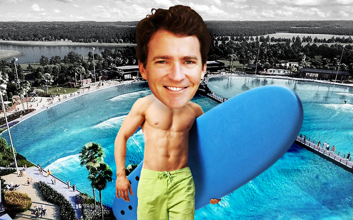 A photo illustration of McCord Development's Ryan McCord along with a rendering of HTX Surf (Getty, McCord Development, Beach Street Development)