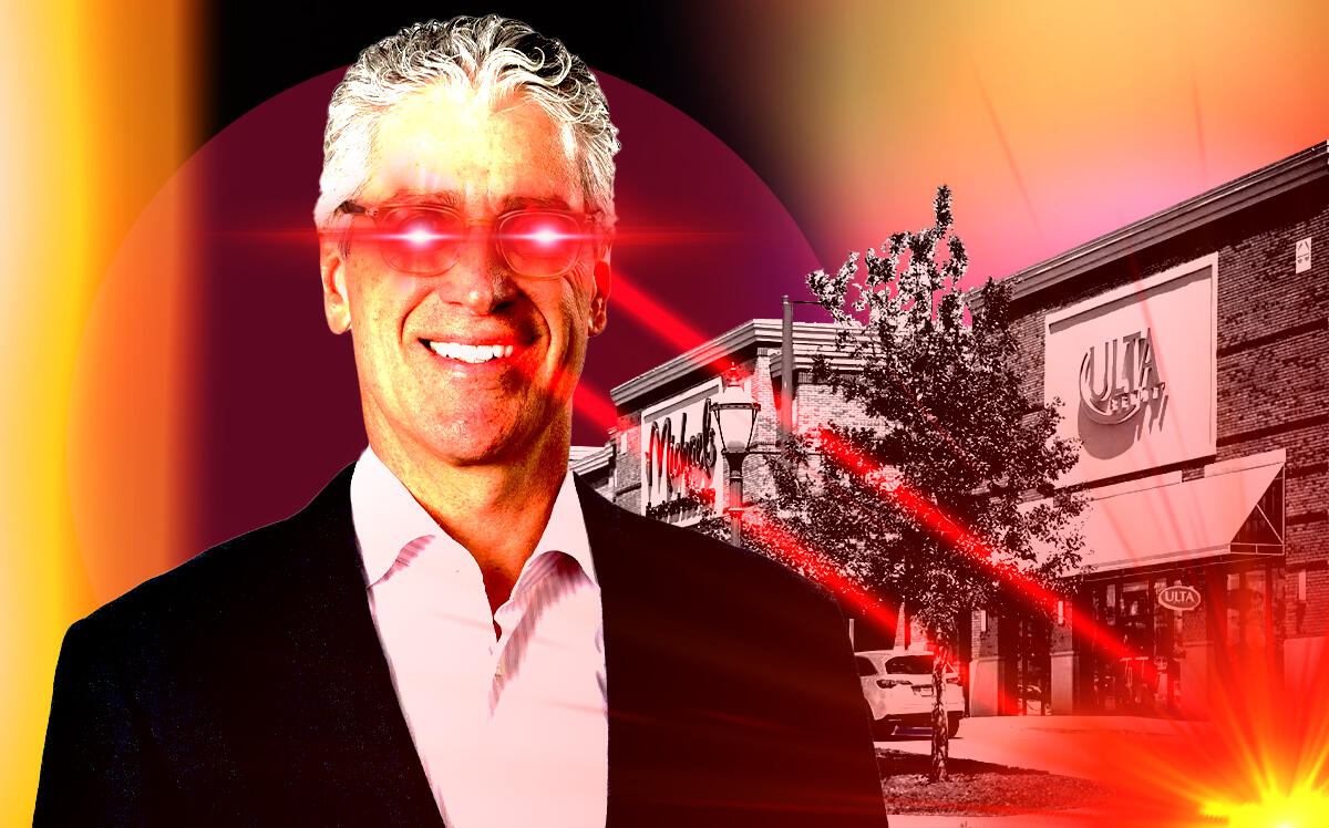 A photo illustration of Trademark's CEO Terry Montesi and Arlington’s Lincoln Square Mall (Getty, Trademark, ShopCore Properties)