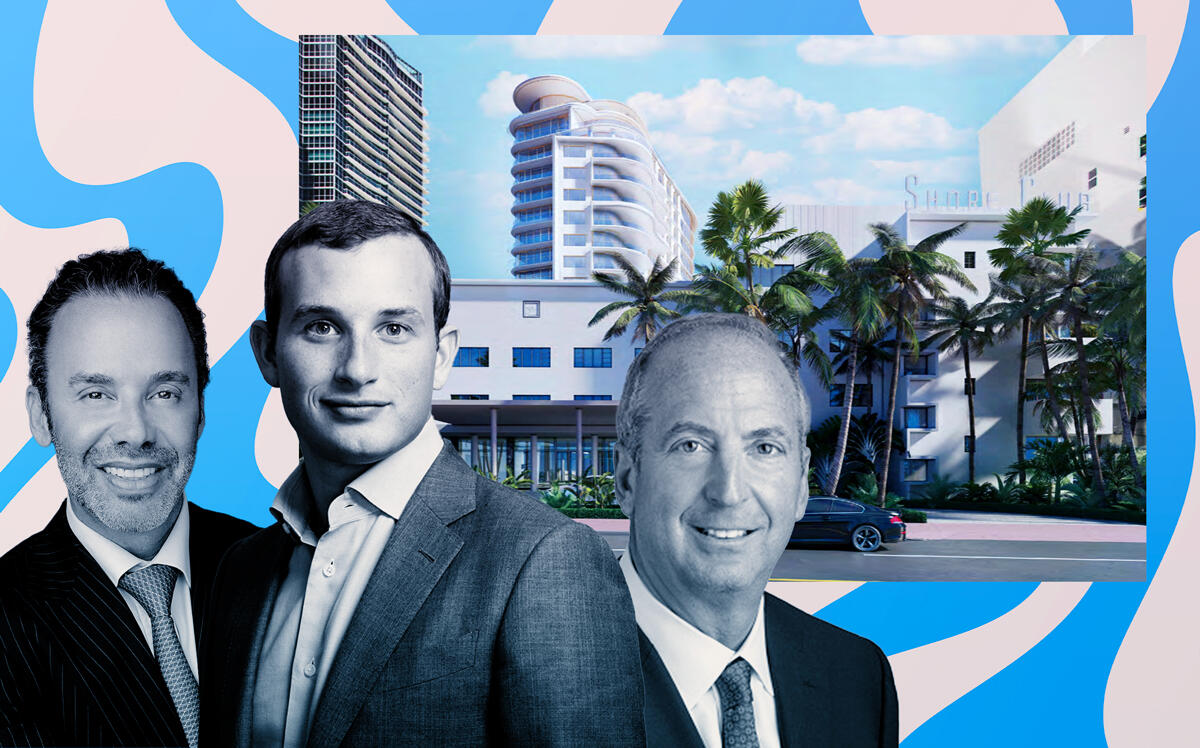 Douglas Elliman’s Jay Parker, Witkoff's Alex Witkoff, Monroe Capital's Ted Koenig and a rendering of the 1901 Collins Avenue (Douglas Elliman, Witkoff, Monroe Capital)