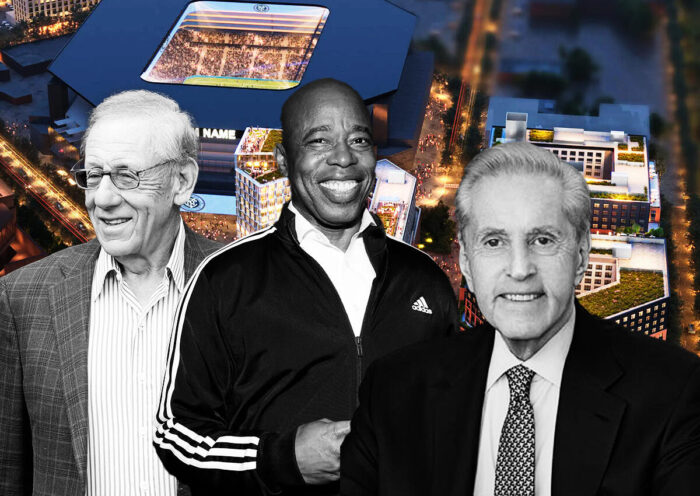 Related Companies' Stephen Ross, Mayor Eric Adams, Sterling Equities' Fred Wilpon and a rendering of the stadium (The Related Companies, Sterling Equities, Getty)