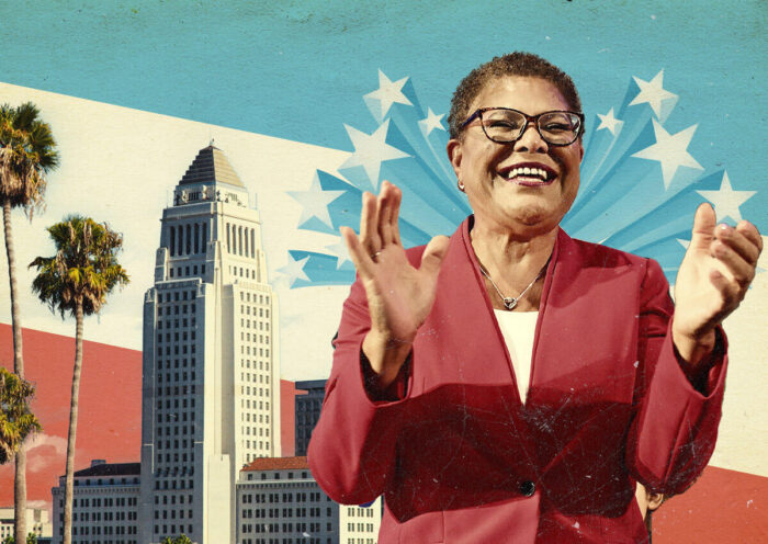 Los Angeles mayor-elect Karen Bass and City Hall (Illustration by Kevin Cifuentes for The Real Deal with Getty Images)