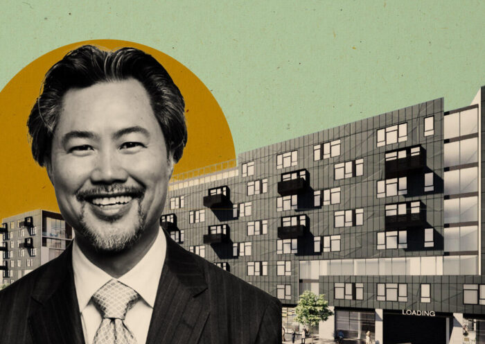 TRJLA's Kevin Chen and rendering of major Chinatown project (Loopnet, Getty, Linkedin)
