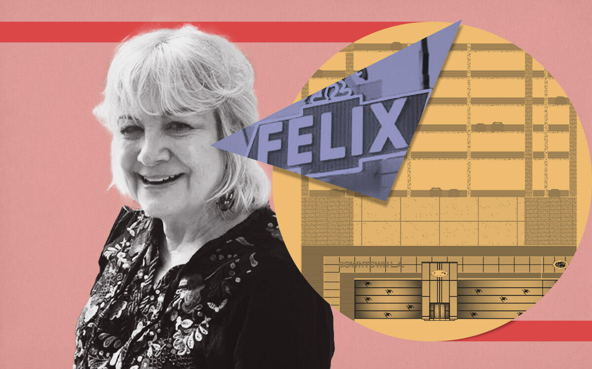 Diane Shammas and rendering of proposed Ford dealership (Pitzer College, Felix Chevrolet, Getty)