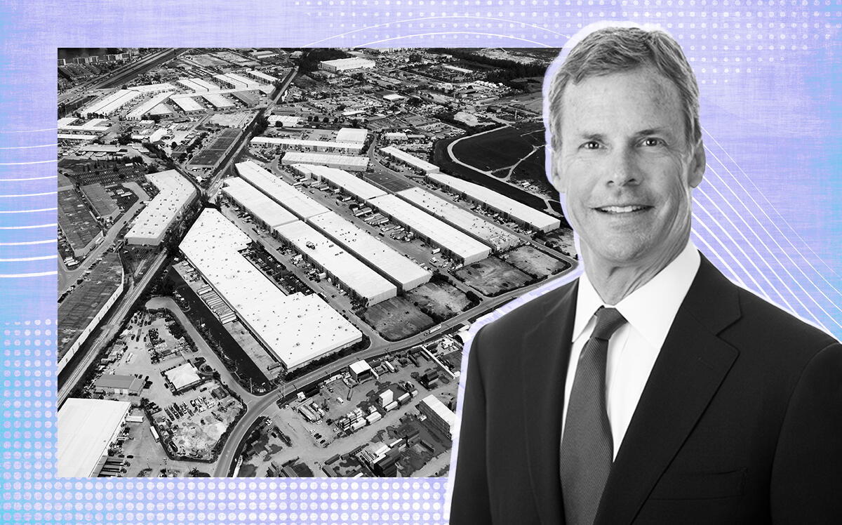 TA Realty Managing Partner James Buckingham and the industrial park at 9701-9793 Northwest 91st Court in Medley (TA Realty, CBRE)