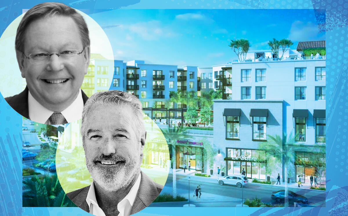 DJM Capital's D. John Miller, PGIM's David A. Hunt with a rendering of 7777 Edinger Avenue in Huntington Beach (DJM Capital, LinkedIn)
