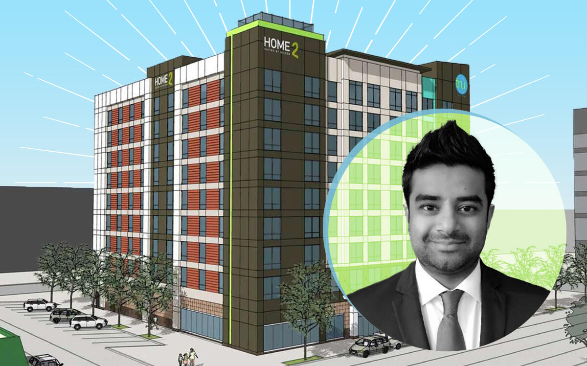 Renderings of the project at 1514 Leeland Street and PA Hospitality's Alif Maredia (Hall Structured Finance, LinkedIn, Getty)
