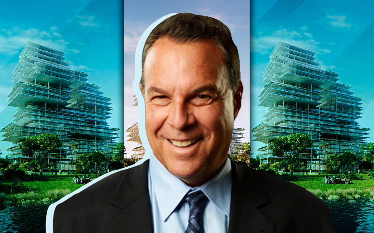 Jeff Greene and a rendering of the waterfront West Palm Beach condo towers (Herzog & de Meuron)
