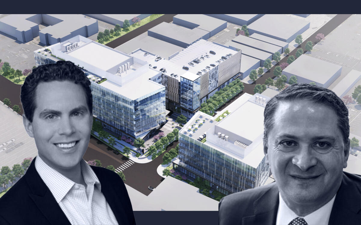 King Street Properties founder and principle Thomas Rango, Helios Real Estate co-founder Peter Banzhaf and a rendering of 1669 and 1699 Old Bayshore Highway and 810 and 821 Malcolm Road in Burlingame (Perkins &amp; Will, Twitter/@Peter_Banzhaf, King Street Properties)
