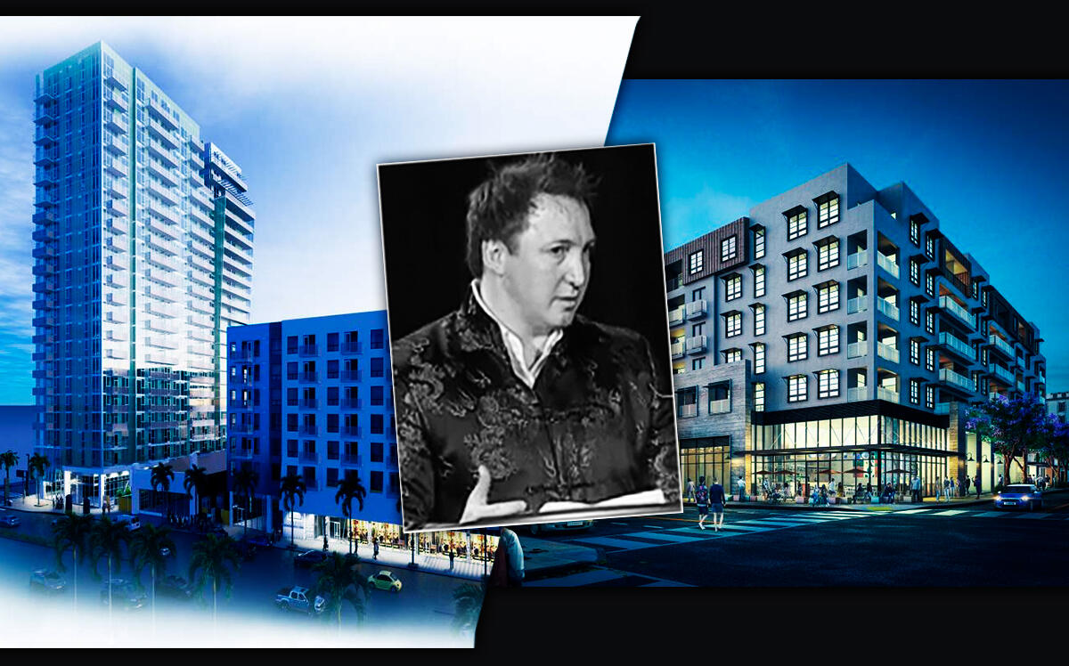 Onni Group President Rossano De Cotiis with renderings of 200 N. Long Beach Boulevard in Long Beach and 6091 W. Santa Monica Boulevard in Hollywood (IBI Group, Kilograph)