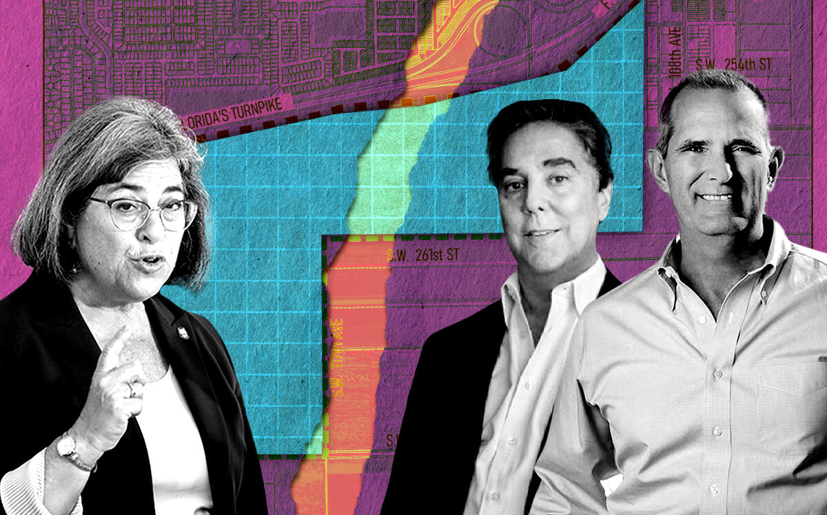 From left: Mayor Levine Cava, Stephen Blumenthal, and Jose Hevia with a rendering of the planned industrial complex outside the Urban Development Boundary
