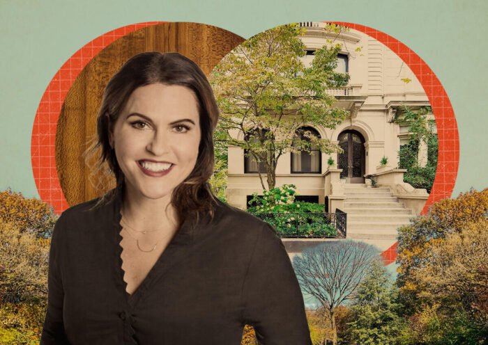Douglas Elliman’s Lindsay Barton Barrett and 17 Prospect Park West in Park Slope (Illustration by Kevin Cifuentes for The Real Deal with Getty Images, Zillow, Douglas Elliman)