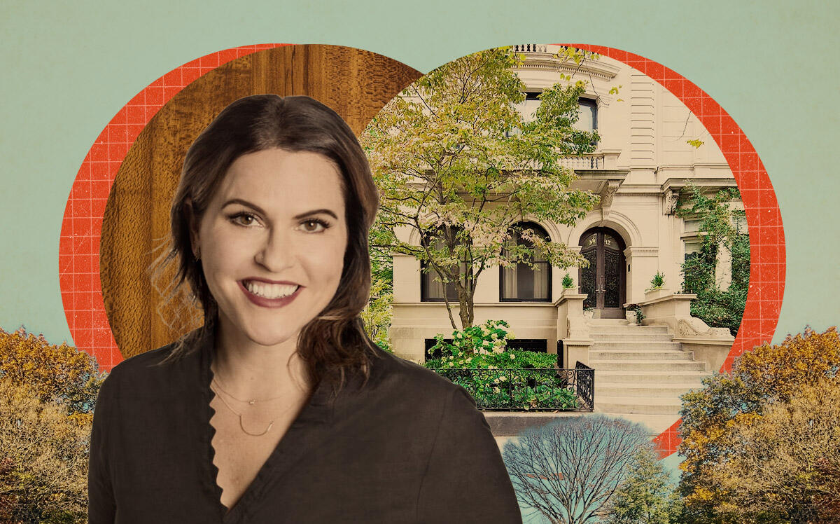 Douglas Elliman’s Lindsay Barton Barrett and 17 Prospect Park West in Park Slope (Illustration by Kevin Cifuentes for The Real Deal with Getty Images, Zillow, Douglas Elliman)