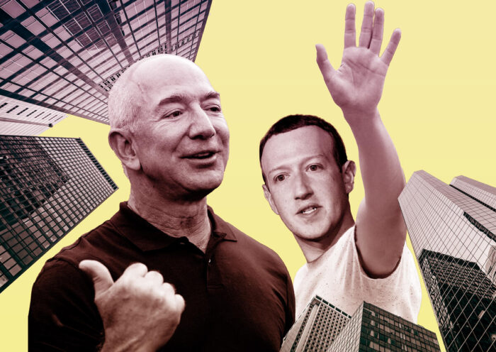 Photo illustration of Amazon’s Jeff Bezos and Meta’s Mark Zuckerberg (Illustration by Kevin Rebong for The Real Deal)