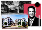 A photo illustration of MemorialCare Health's Barry Arbuckle along with the current site at 654 Camino De Los Mares in San Clemente (top) and a rendering of the planned senior housing redevelopment (bottom) (Getty, Google Maps, MemorialCare Health)