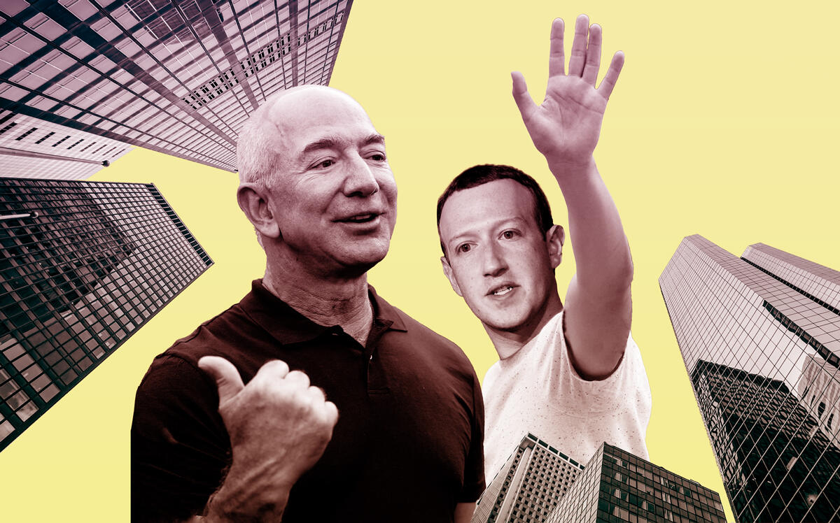 Photo illustration of Amazon’s Jeff Bezos and Meta’s Mark Zuckerberg (Illustration by Kevin Rebong for The Real Deal)