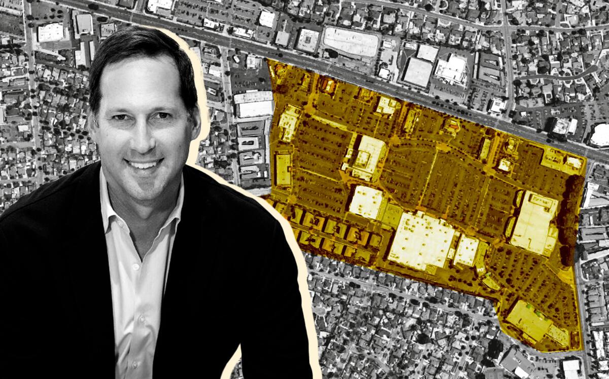 Kimco Realty’s Conor Flynn and an aerial of 15466 Whittier Boulevard (LinkedIn, Google Maps)