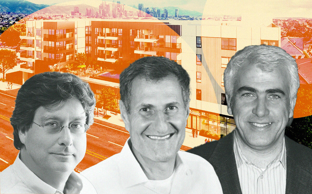 CIM's Richard Ressler, Avi Shemesh and Shaul Kuba with rendering of 3022 South Western Avenue (CIM Group, Nadel Architects)