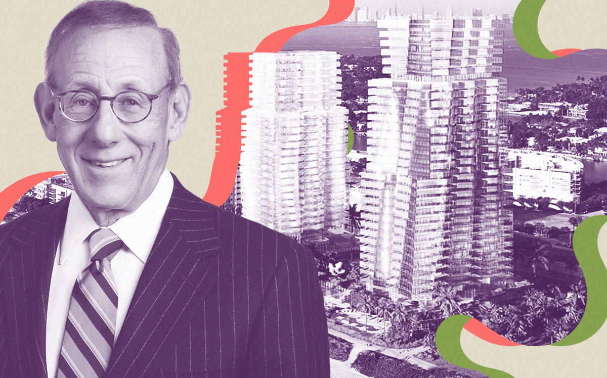 Related's Stephen Ross with rendering of plan to develop the oceanfront Deauville site (Related Companies, Gehry Partners, LLP, Binyan Studios, Getty)