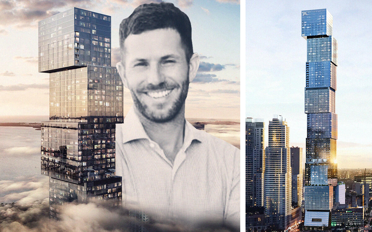 PMG's Ryan Shear with rendering of Waldorf Astoria tower in Miami (PMG, ArX Solutions)