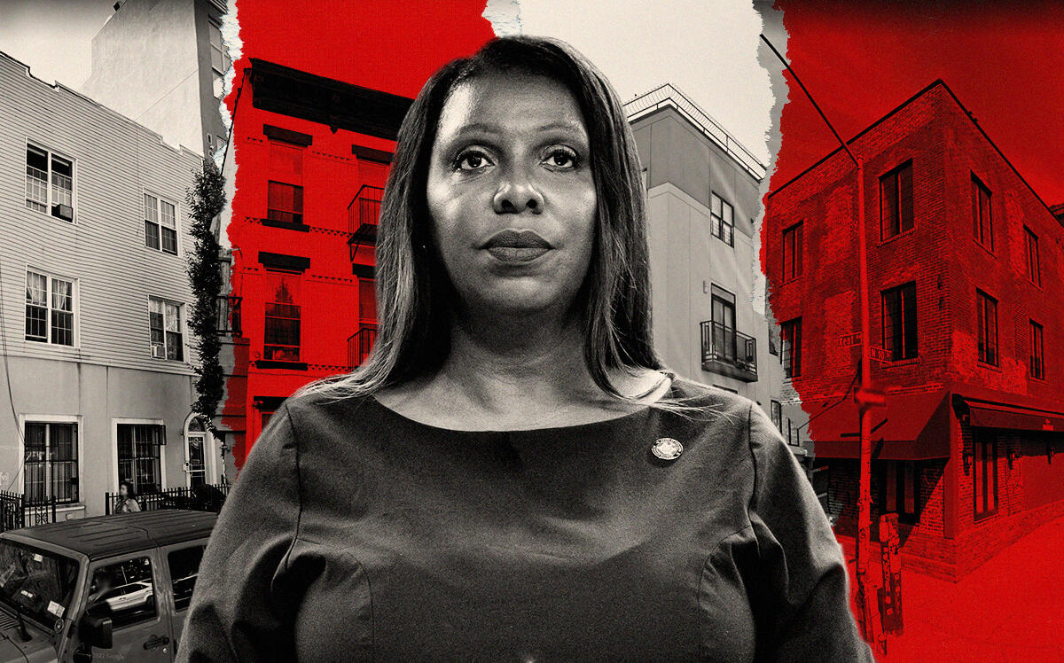 Attorney General Letitia James with 198 Scholes Street, 11 Gunther Place, 506 Dekalb Avenue and 65 Kent Avenue (Illustration by THe Real Deal with Getty, Google Maps)