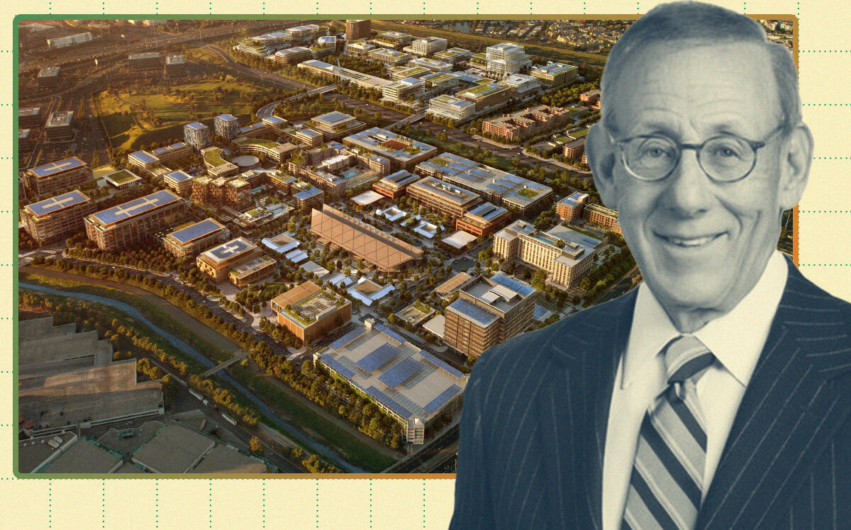Related's Stephen Ross with Aerial rendering of Related Santa Clara (Related Companies)