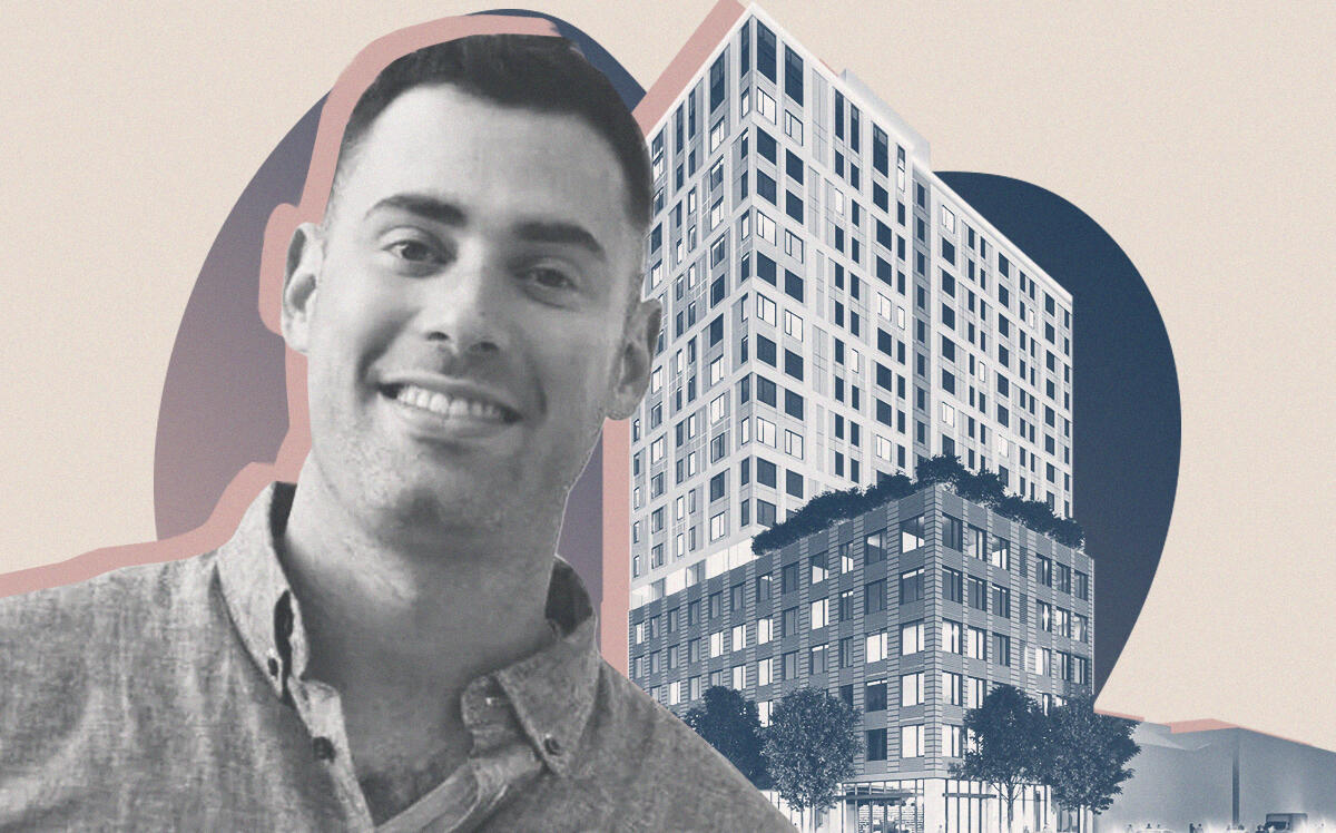 oWOW's Danny Haber with rendering of planned affordable residential project in downtown Oakland (oWOW, Getty)